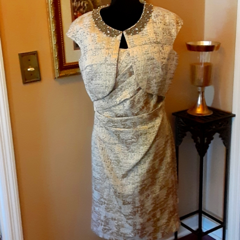 KM COLLECTIONS by Milla Bell gold silver beaded jeweled jacket dress sz 10 EUC …